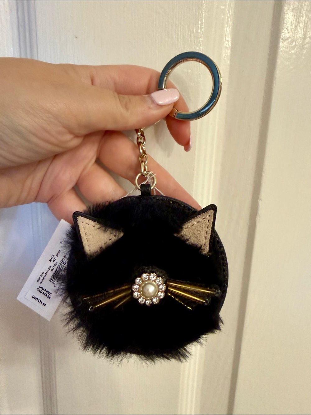 kate spade Black Faux Fur Cat Keychain with Pearl & Gold Accents NWT Origz $79